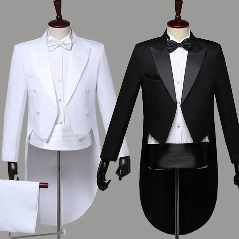 

Male Fashion Black Navy Blue White Floral Lapel Wedding Grooms Tailcoat Tuxedo Evening Party Costumes Singers Show Suit Men