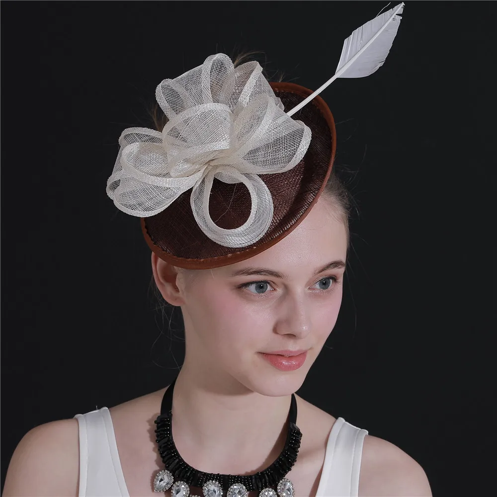 

Elegant Women Feather Wedding Fascinators Hats Royal Hat Cocktail Vintage Fedora Caps Headband Sinamay Ladies Headwear Party