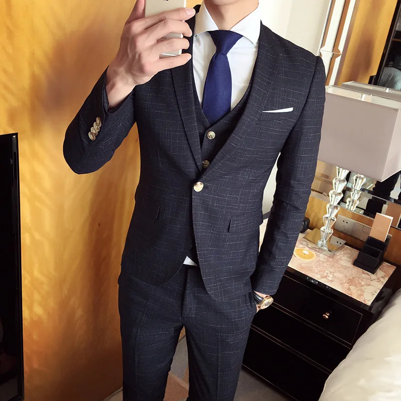 

Traje Elegante De Hombre Man Slim Fit Plaid 3Pcs Set Jacket Pants Vest Male Solid Color Single- Breasted Business Casual Dress