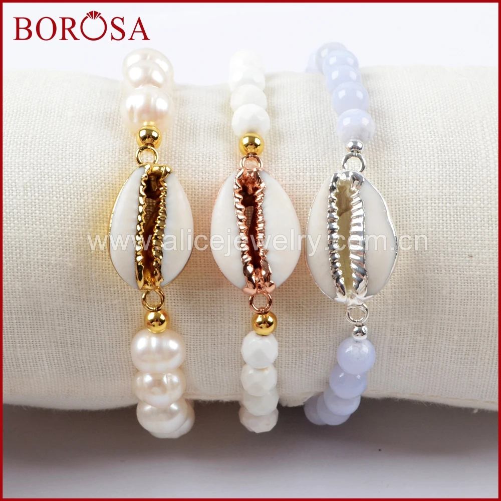 BOROSA 1 шт. раковина Каури с пресноводными жемчужинами Howlite Синий Халцедон Браслеты из бусин ювелирные изделия в подарок G1552