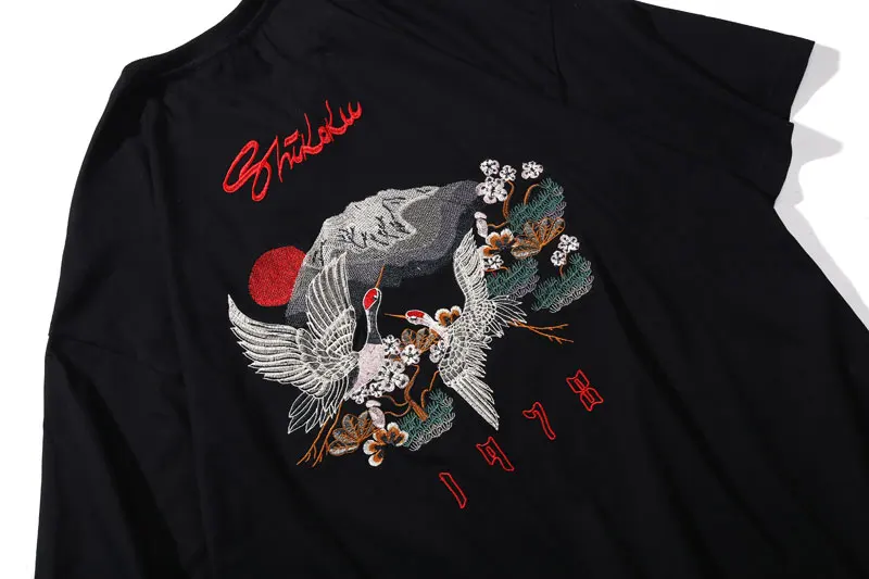 Футболки GONTHWID с вышивкой японского Ukiyo-e Crane Flowers Mount Fuji, уличная одежда, Harajuku, повседневные футболки в стиле хип-хоп, мужские топы