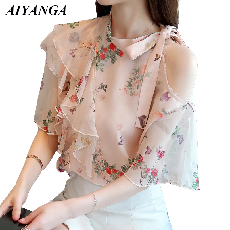 Women Chiffon Shirts 2019 Spring Summer Print Tops Flare Sleeve Off Shoulder Sweet Elegant Slim Chic Blouses S M L XL 2XL