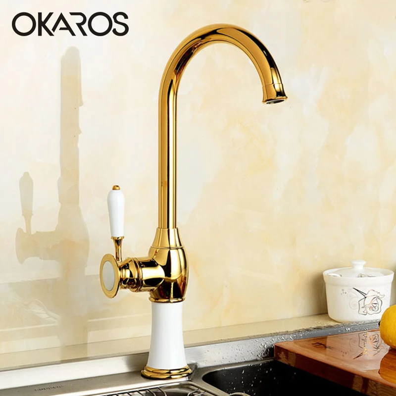 OKAROS Kitchen Faucet Brass Golden Finish With White Paint Baked Decoration 360 Degree Swivel Single Handle Mixer Tap Torneira |