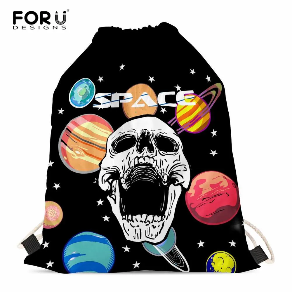 FORUDESIGNS/черные сумки на шнурке с принтом черепа для женщин Дамский крутой рюкзак