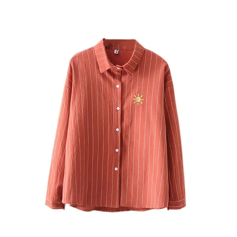 Женская рубашка с вышивкой полосатые хлопковые школьные блузки офисные женские