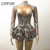 shining silver mirrors stone dress female singer dancer bright bodysuit costume one piece nightclub dress oufit party dresses