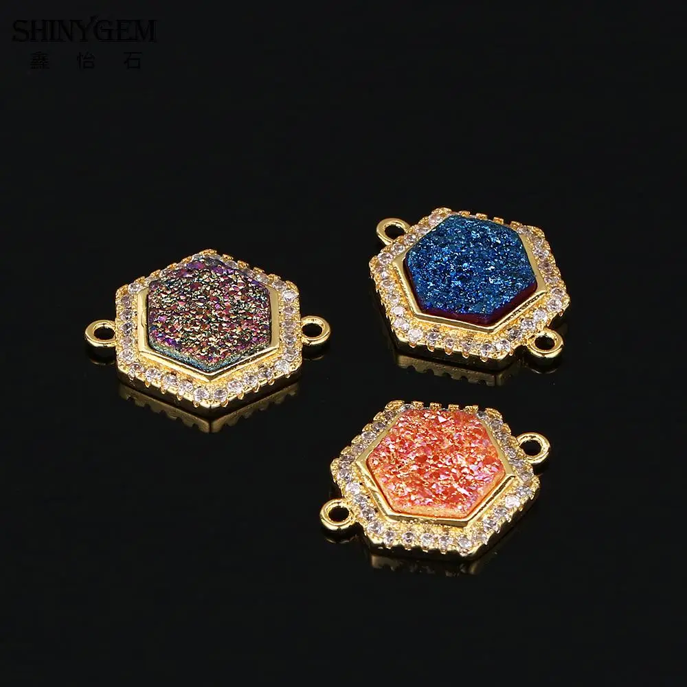 SHINYGEM шестиугольник Druzy камень разъемы позолота небольшой талисман Разъемы для DIY