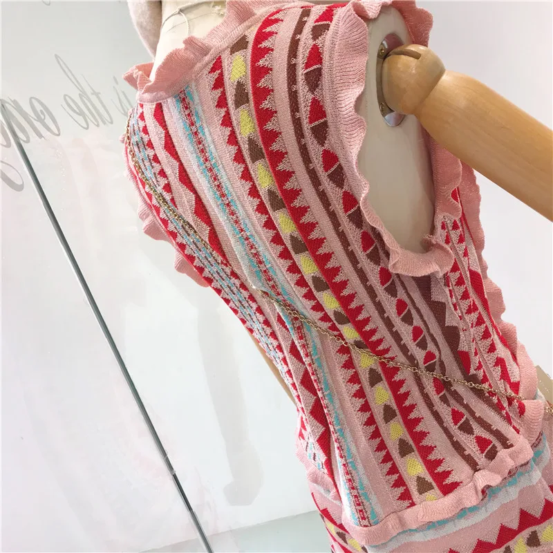 ALPHALMODA женское Полосатое Яркое летнее вязаное платье с рукавами-рюшами, пуловеры, женское Повседневное трикотажное платье с узором