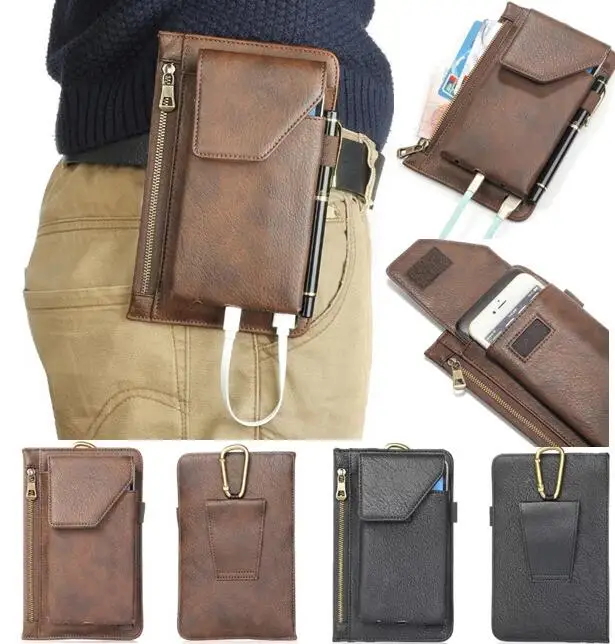Hook Loop Man Belt Clip Zipper Card Pouch Dual Mobile Phone Leather Case For Motorola Moto Z3 Play Sony Xperia XA2 Plus | Мобильные