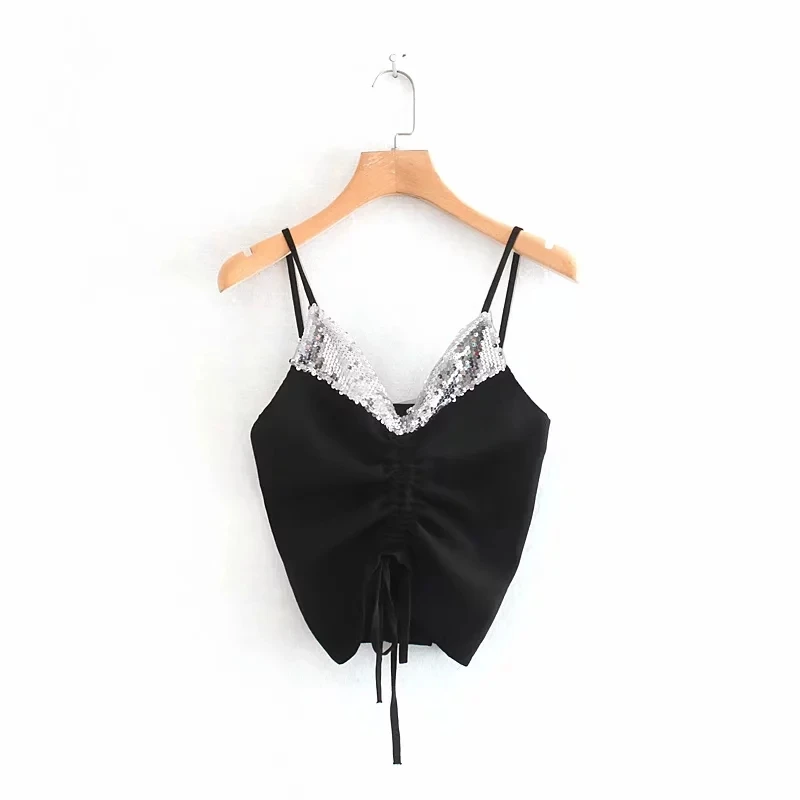 2019 Summer new style Sexy Women Plain Camisole V-neck Vest Slim Sling Short Tank drawstring Tops Sequin | Женская одежда