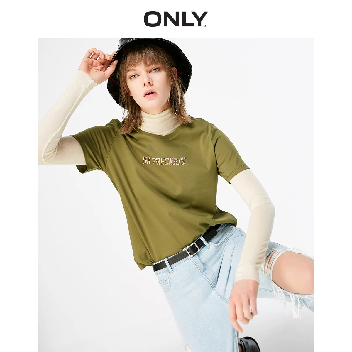 ONLY Women's Loose Fit 3D Beads Letter Print Short-sleeved T-shirt | 119201548 - Цвет: WINTER MOSS
