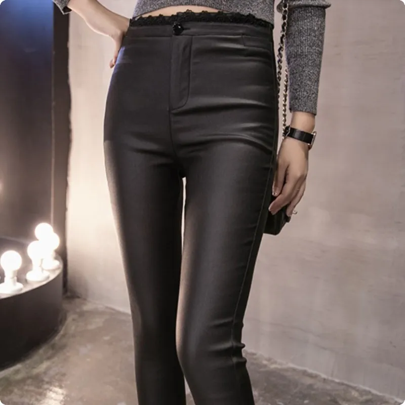 Женские кружевные брюки из искусственной кожи Осенние облегающие с высокой