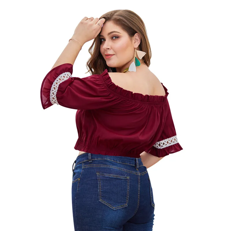 Женские топы Плюс Размер короткий рукав с открытыми плечами кружева
