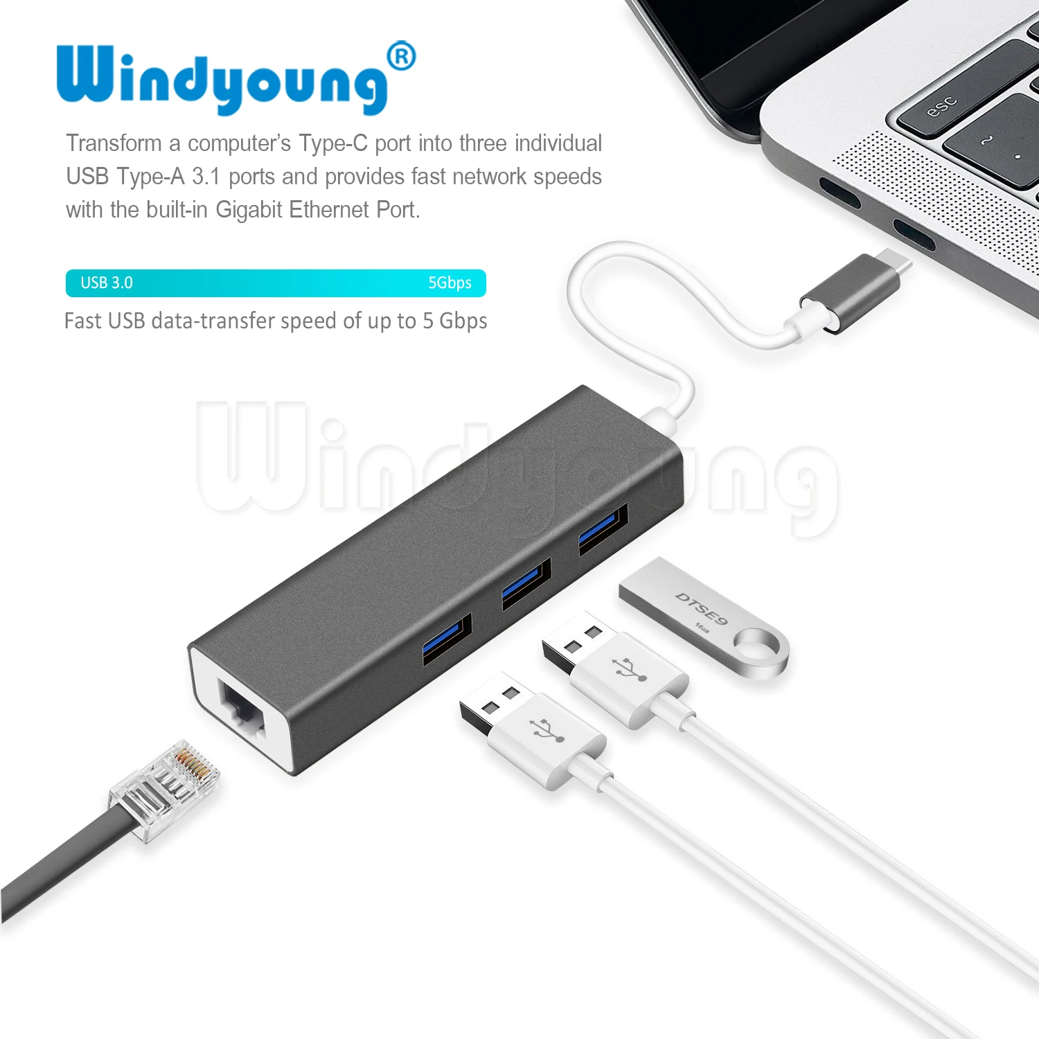 USB C Ethernet RJ45 Lan адаптер типа на 3 порта 0 концентратор 10/100/1000 Мбит/с гигабитный