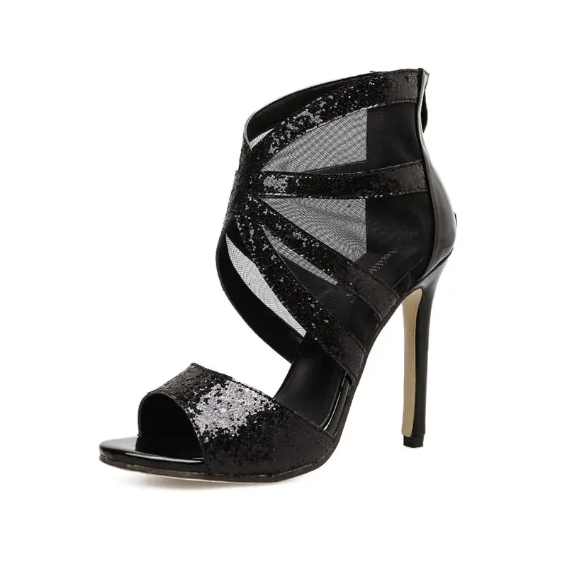Женские сандалии гладиаторы Meilikelin черные сетчатые на молнии тонком каблуке для