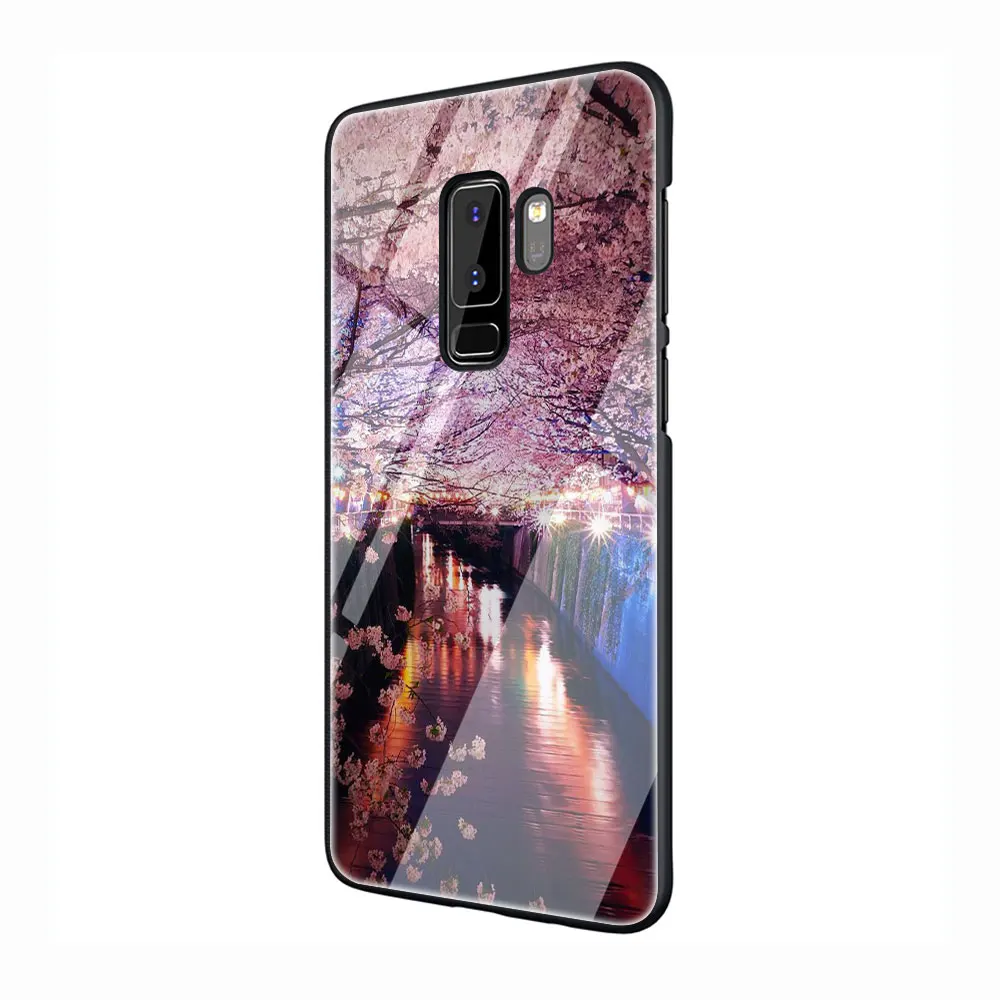G7 Вишня в цвету закаленное Стекло TPU черный чехол для Galaxy S7 Edge S8 S9 плюс S10 Note 8, 9, 10, A10 20 30 40 50 60 70 - Цвет: G7