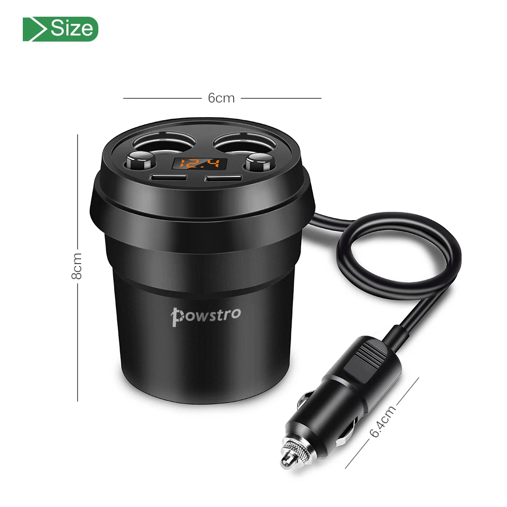 Powstro 3.1A двойной Переходник USB для зарядки в машине с 2 гнездами прикуривателя Автомобильный держатель чашки тип поддержка вольтметр отображение тока