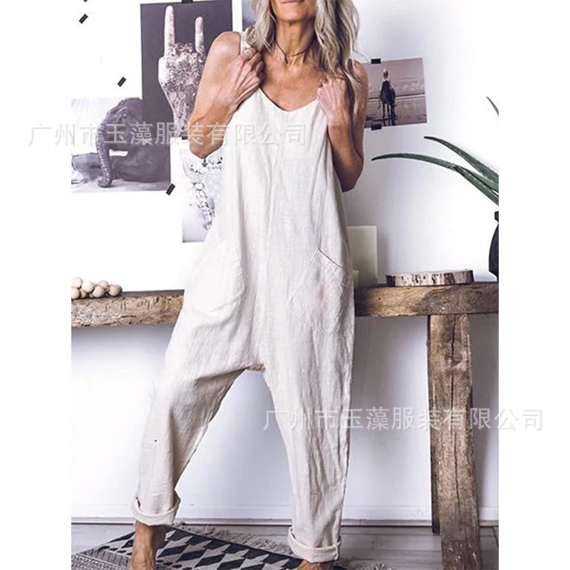 Большой размер женские цельные брюки 2019 Летняя Повседневная однотонная с