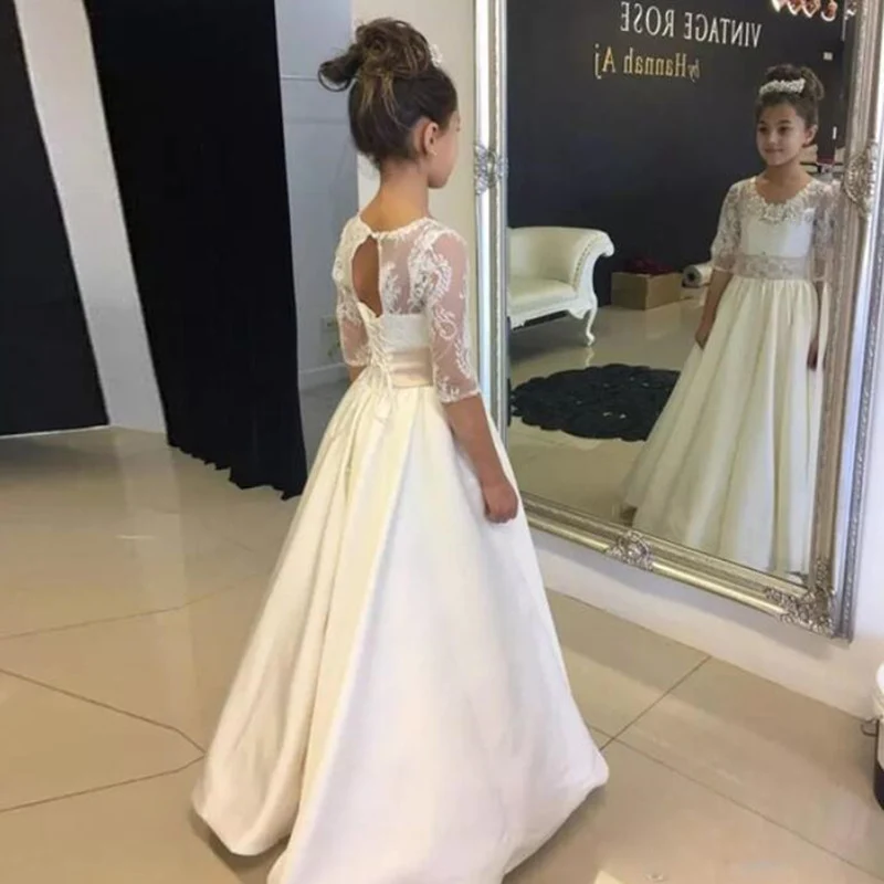 

Цветочные платья для девочек на свадьбу, вечеринку, первый Причастие, атласный кружевной с бантом, рукав до локтя, трапециевидный силуэт, пр...