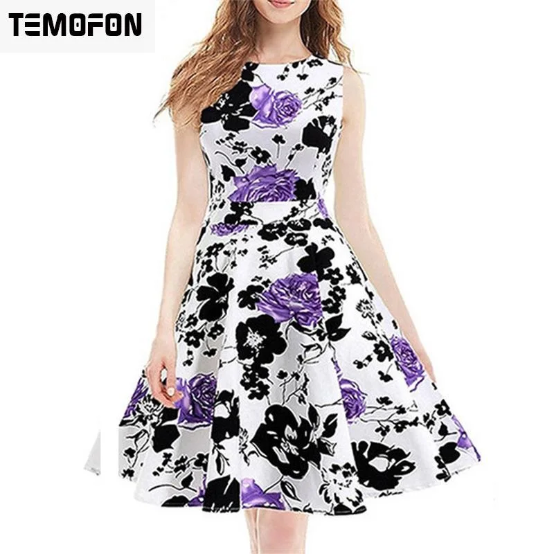 TEMOFON Women Summer Dresses Elegant Printing Sleeveless Dress Casual Party O-neck Female Ball Gown Colorful ELD07 | Женская одежда