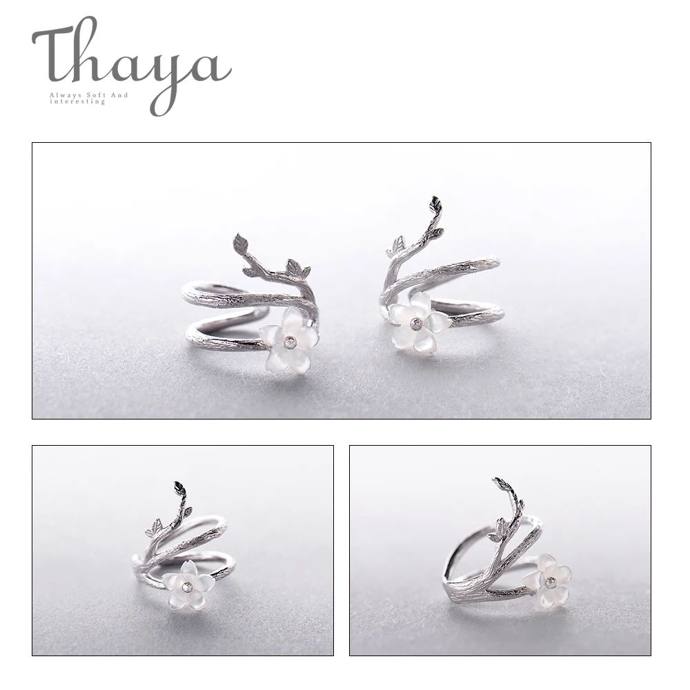 Женские серьги клипсы Thaya белые с цветком вишни 925 пробы круглые манжеты без