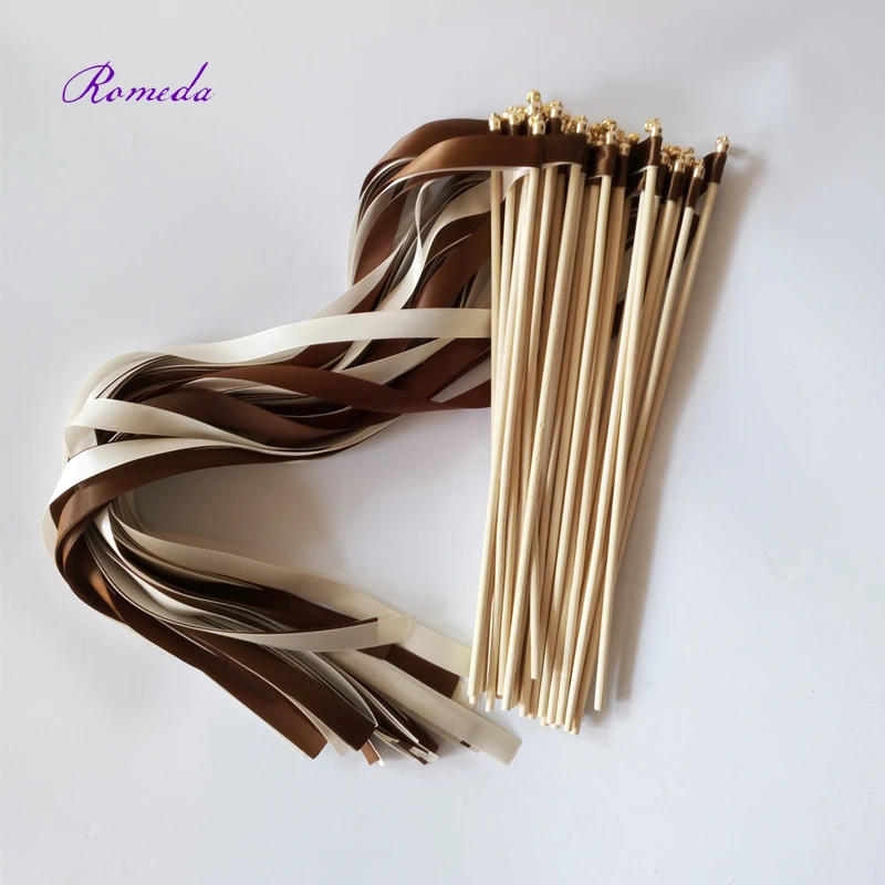 

Hot selling 50pcs/lot brown ribbon wands with gold bell for wedding decoration