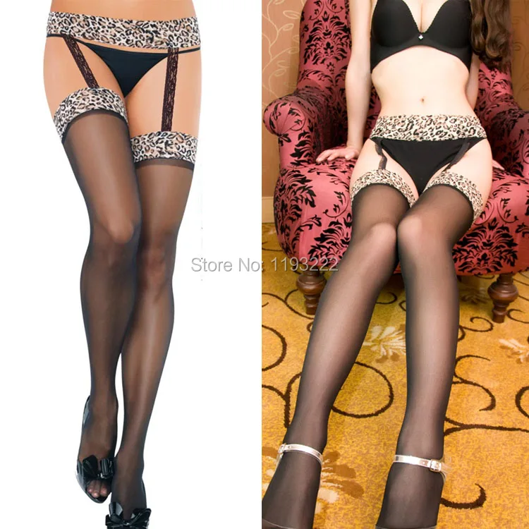 Черное модное сексуальное нижнее белье высокие чулки с леопардовым принтом топы
