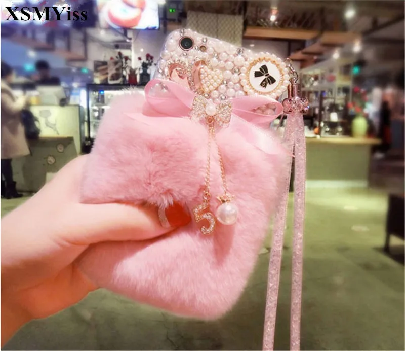 

Luxury Bling Diamond Pearl Bowknot Warm Soft Fur Rabbit Fur Hair Case For SamsungA3 A5 A7 2017 A9 A8 A6 PLUS A50 A70 A80 A51 A71