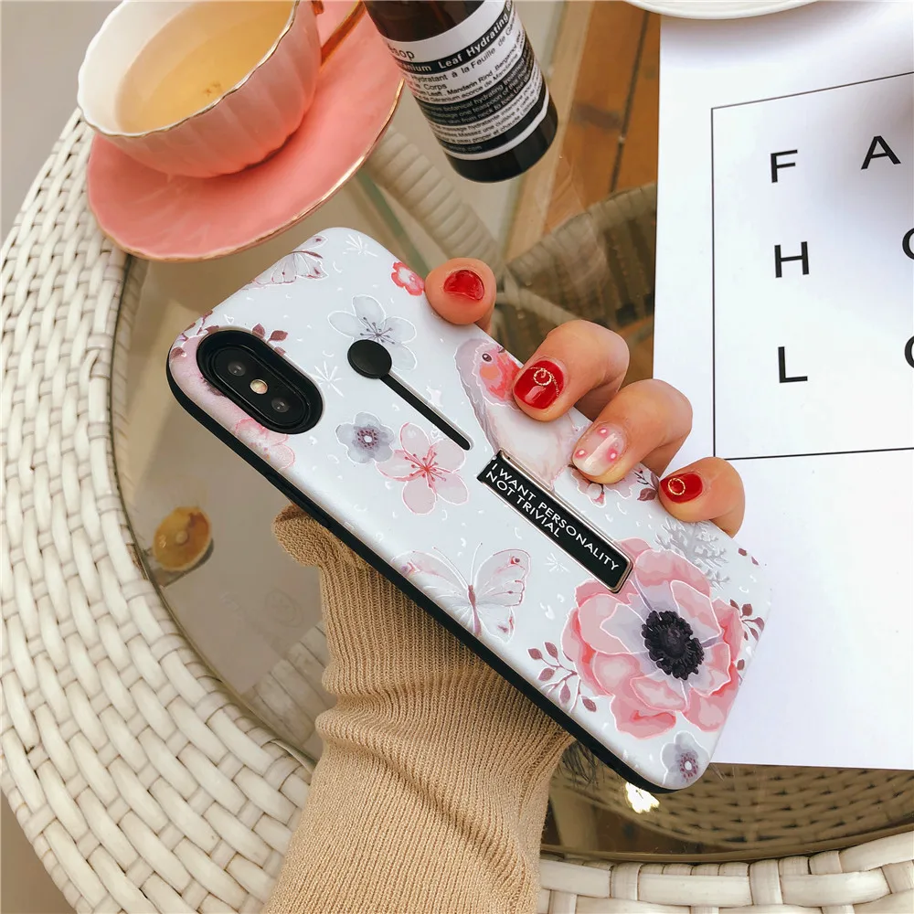 High Quality Phone Case For iphone X XS MAX XR Rose Flower Flamingo Cover 6 6s 7 8 Plus Hide Ring Stand Holder Cases |
