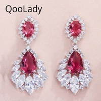 qoolady fashion marquise cut red cubic zirconia sparkling long dangle tear drop wedding party earrings for women jewelry e011