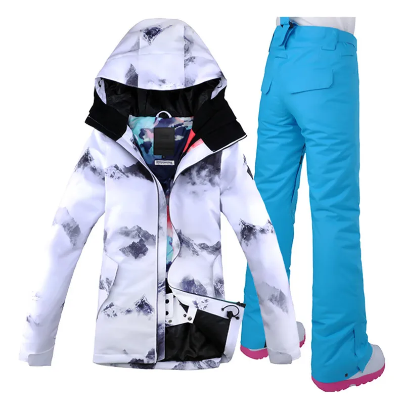 with blue pant Зимний горнолыжный костюм женский GS горнолыжный костюм женский,Теплый, водонепроницаемый, ветрозащитный женский зимний спортивный горнолыжный костюм,женский сноубордический костюм - Цвет: with blue pant