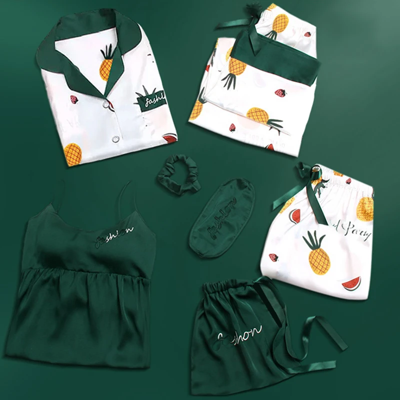 7 Pcs/Set Girls Pajamas Sets 2022 Pyjama for Women Sleep Clothes Nightwear Ladies Negligee Sleepwear Suit Sweet Home Pajama Sets