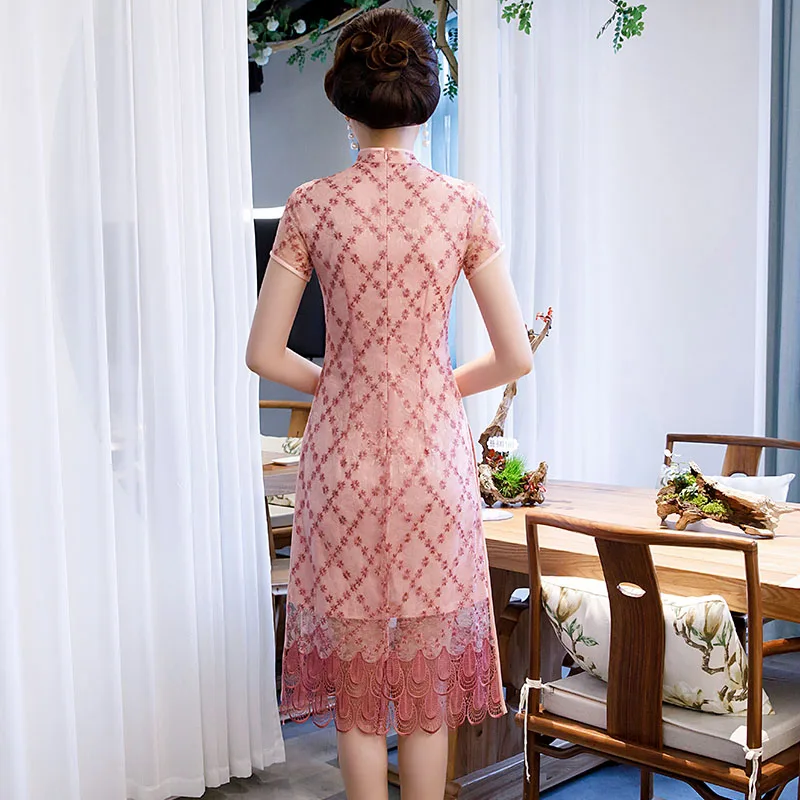 

Knee Length Cheongsam Vintage Chinese Mandarin Collar Dress 2019 New Womens Summer lace Qipao Slim Party Dresses Vestido S-3XL