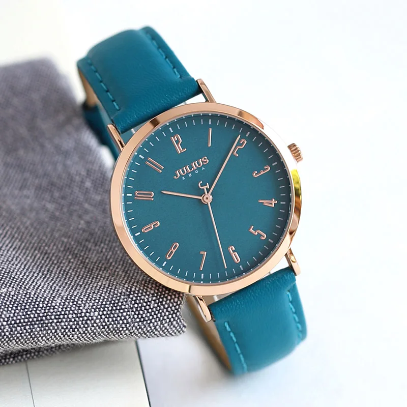 Julius Women's Watch Japan Quartz Lady Classic Hours Fashion Clock Dress Bracelet Leather Girl's Birthday Gift Box - Цвет: Cyan