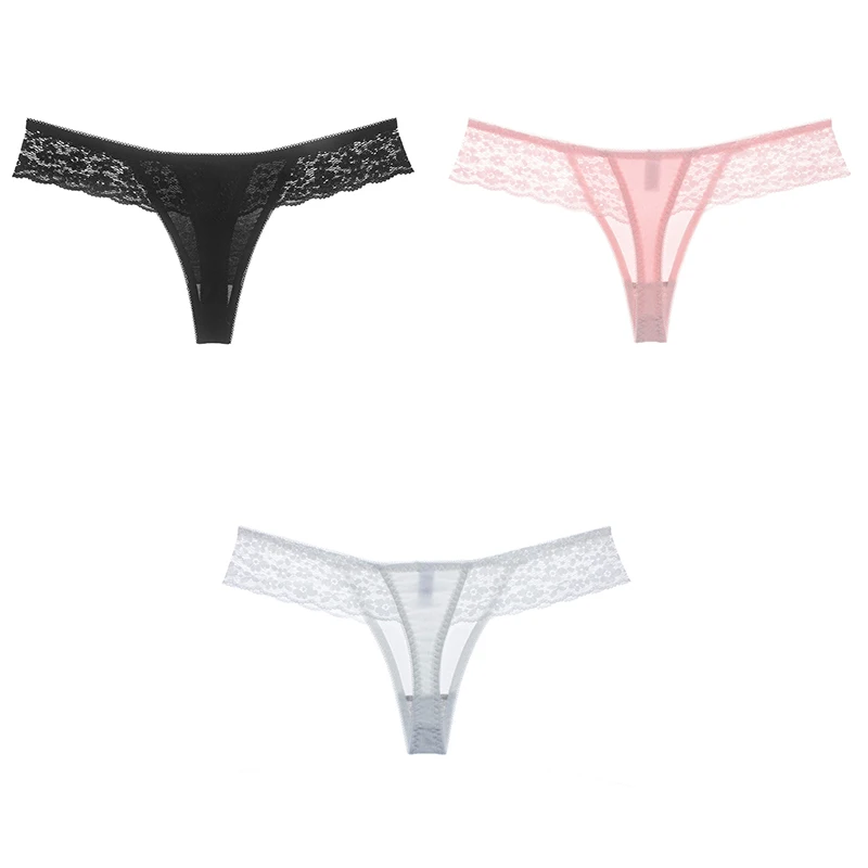 black pink grey 3 шт., сексуальное кружевное женское нижнее белье, хлопковые женские трусики с Т-образной спинкой, одноцветные мягкие кружевные стринги для женщин, бесшовные хлопковые стринги - Цвет: black pink grey