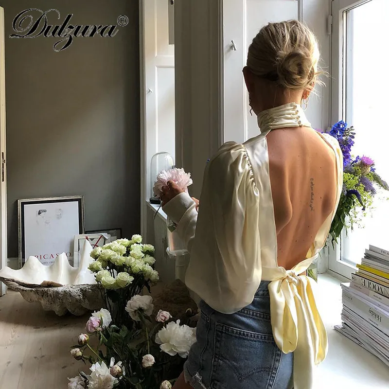 Dulzura, длинный рукав, с рюшами, высокая горловина, открытая спина, шнуровка, туника, блузка,, осень, зима, Женская Повседневная рубашка, открытая спина, Топ
