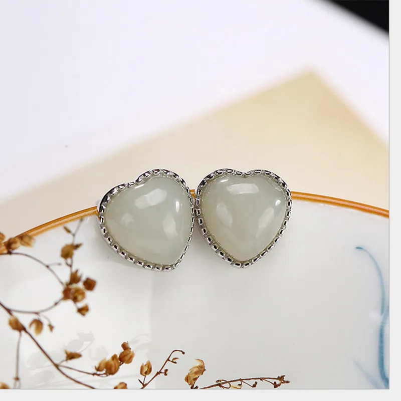 Uglyless Sweet Heart Stud Earrings for Women Luxury Natural White Jade LOVE Fine Jewelry 100% Solid 925 Silver Studs Gift Bijoux | Украшения
