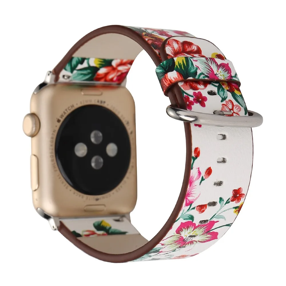 Кожаный ремешок с цветочным принтом для apple watch series 4 3 2 модный браслет сменные