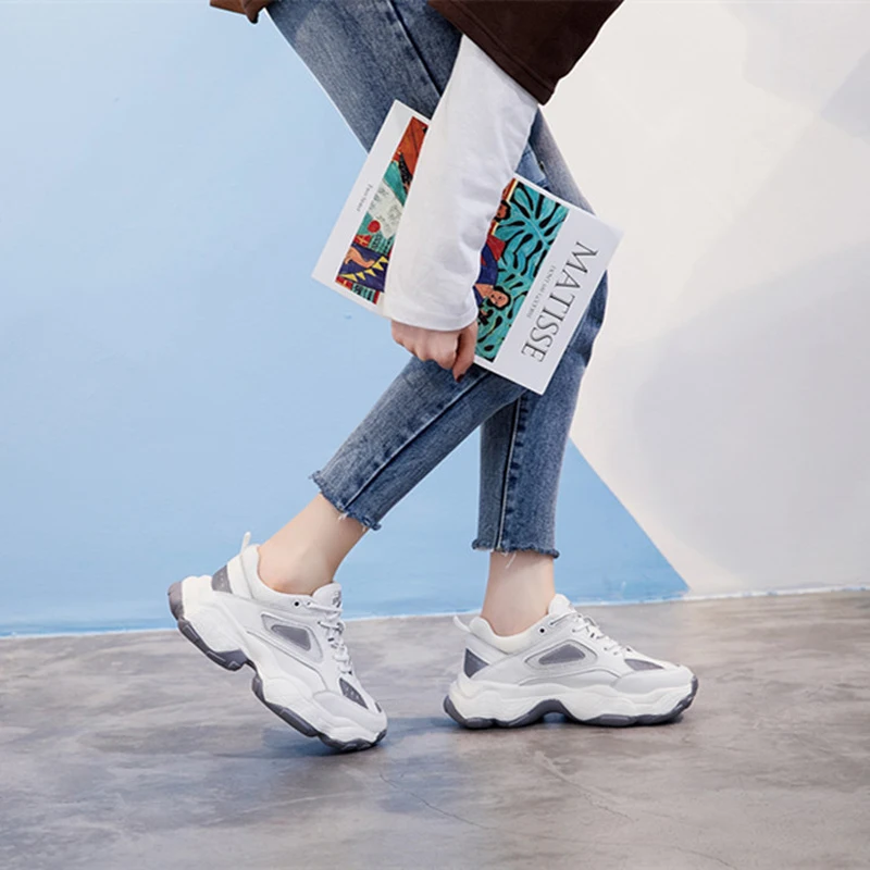 Jookrrix/Белая обувь; женские кроссовки на платформе; zapatos de mujer; коллекция года; сезон весна; натуральная кожа; chaussures femme; Женская обувь в стиле пэчворк