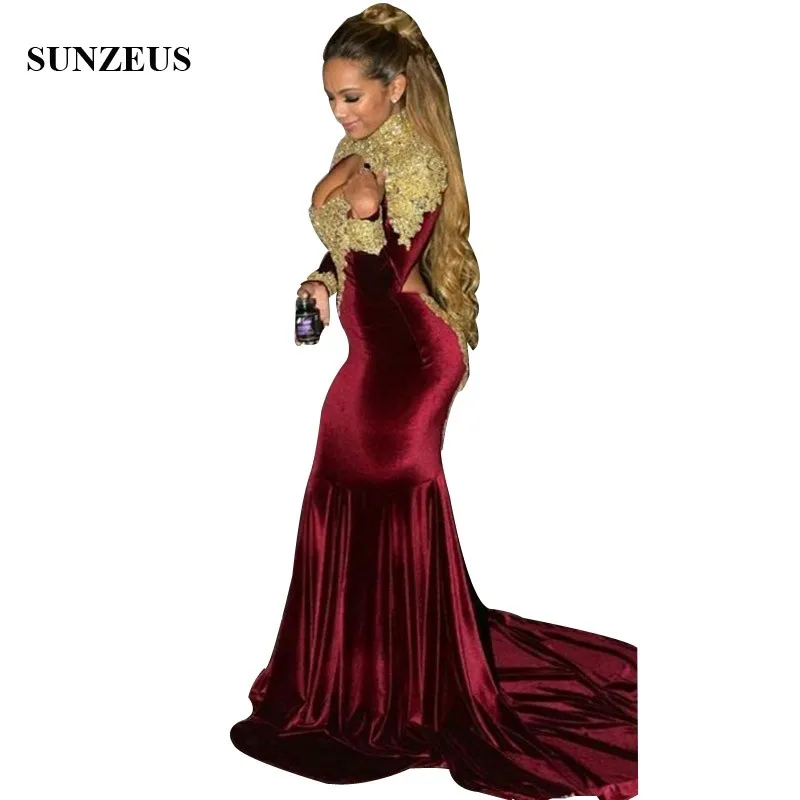 

Sexy High Neck Velvet Burgundy Mermaid Prom Dresses Gold Appliques Keyhole Front Long Sleeves Party Gowns Open Back Long Robe
