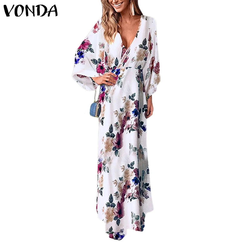 VONDA, осенне-летнее платье, женское, Цветочный, сексуальный сарафан, макси, длинное, Vestido, для вечеринки, пляжное платье, Femme, цветочный рисунок, размера плюс, 5XL