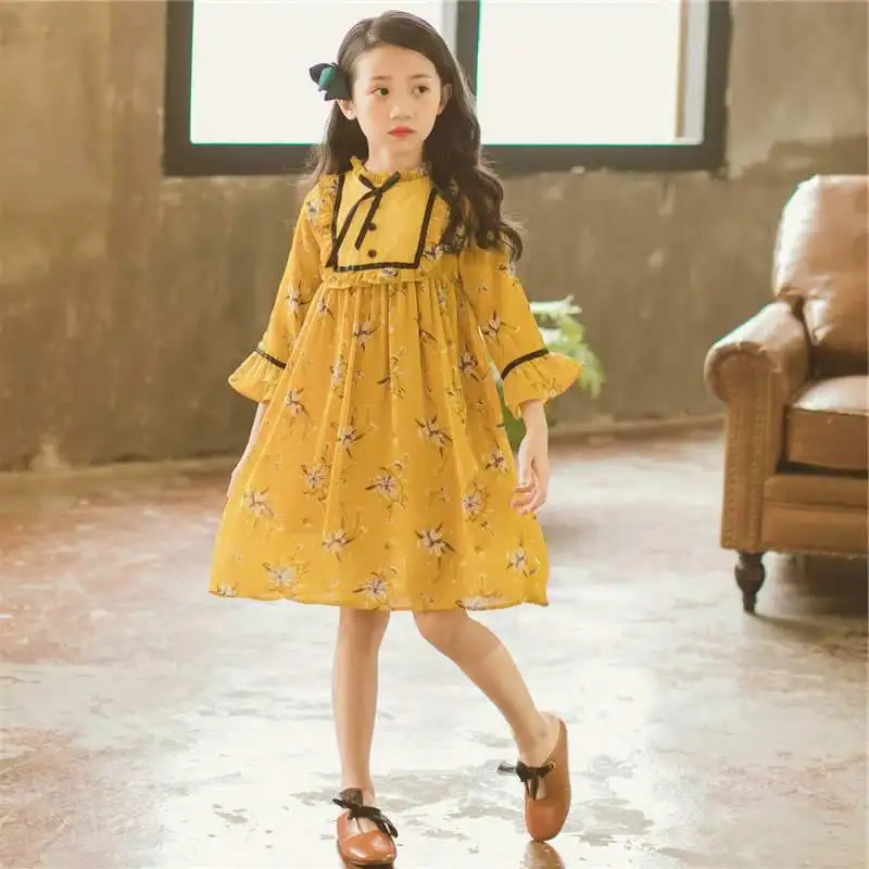 Princess Children Dresses Long Sleeve Yellow Dress for Toddler Girl Teenage Kids Size 4 6 8 10 12 14 years | Детская одежда и