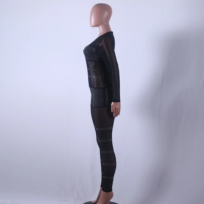 Модный прозрачный сетчатый комбинезон Стразы с узором для ночного клуба длинным