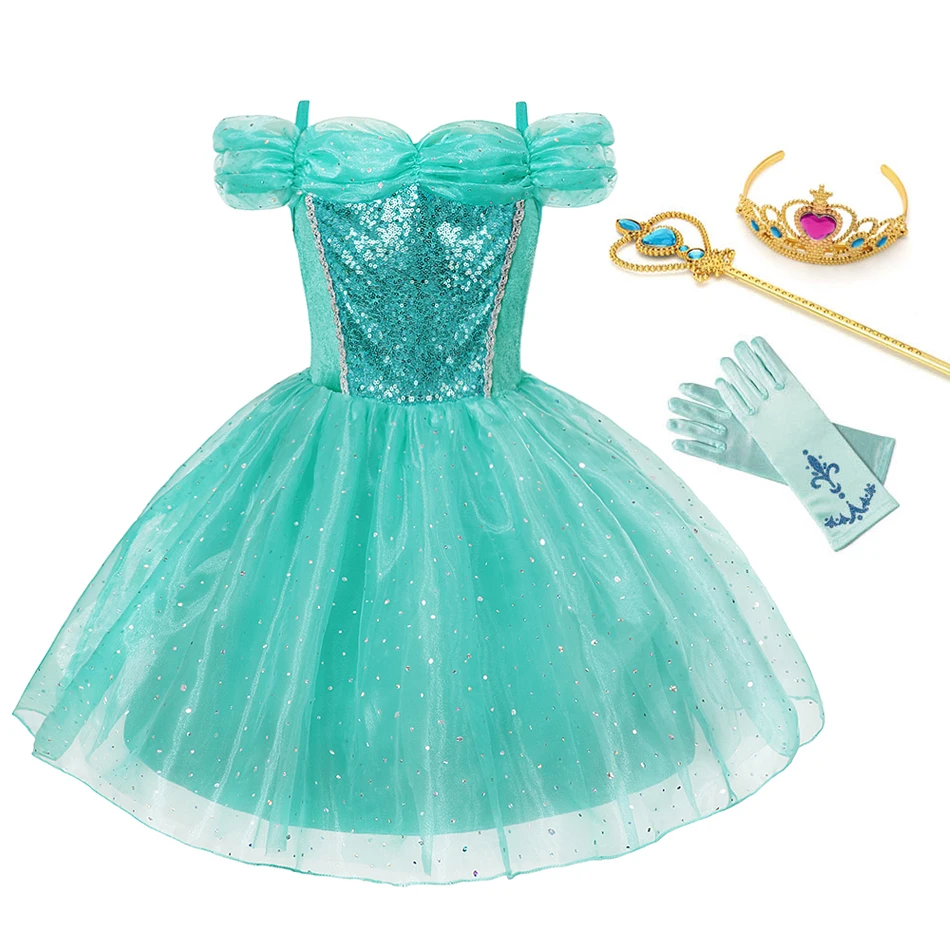 Jasmine Dress Set Платье принцессы для девочек, детские костюмы, косплей, Белль Аврора, Золушка, жасмин, мультяшная Красавица и чудовище, модные летние платья - Цвет: Jasmine Dress Set