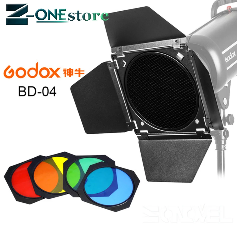 Godox BD 04 Barn Door + Honeycomb Grid 4 Color Filter for Standard Reflector Бесплатная доставка|Аксессуары для