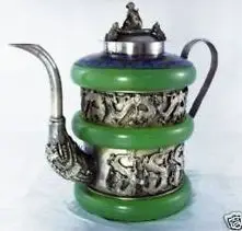 

Healing Wonderful Green Jade Tibetan Silver Dragon Teapot/lid Garden Decoration 100% real Tibetan Silver Brassroom Art Statue