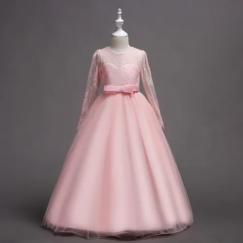 pink Г. Бальное платье в пол, Платья с цветочным узором для девочек с длинными рукавами, белые детские платья для причастия кружевные пышные платья для детей - Цвет: pink