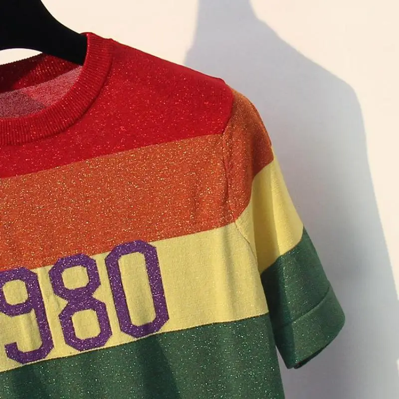 Lurex Rainbow Color Sweaters For Women 2020 Summer O-neck Short Sleeve Female Pullovers Knitting Tees Ladies Tops Knitted Shirts | Женская