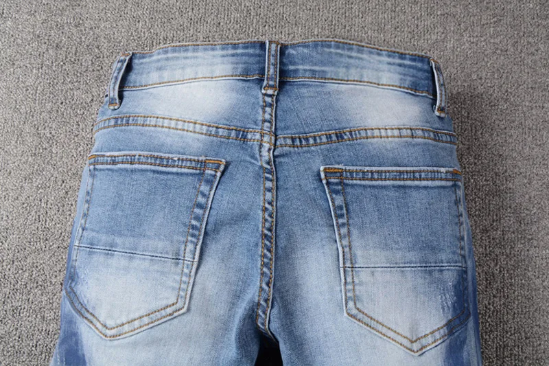 Высокая уличная мода для мужчин джинсы для женщин голубой цвет Slim Fit рваные мужчин порванные штаны краски дизайнер лоскутное хип хоп