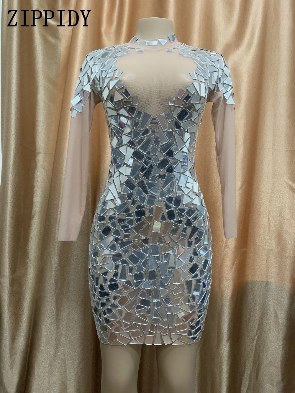 Серебряное Сетчатое платье с открытой спиной длинными рукавами прозрачное